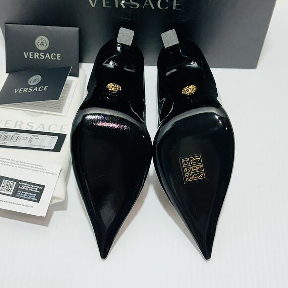 Versace Medusa 37.5/ US 7.5 Gold Black Patent Leather Pointed Toe Pump NIB $995 - Picture 9 of 15